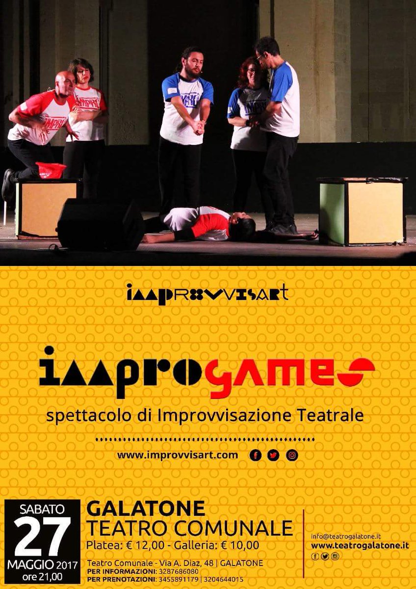 ImprovvisArt's tweet photo. Sabato 27 maggio nella #rassegnagalatone2017 al @TeatroGalatone con #improgames!
@ImprovvisArt @PugliaOff @StefanoMurciano #improvvisazione https://t.co/OWwzmq7CH9