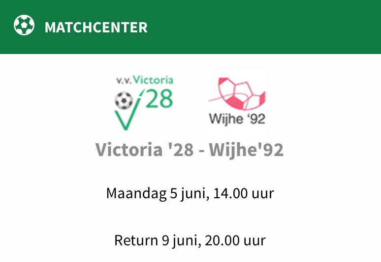 vvVictoria28's tweet photo. Nacompetitiewedstrijd Victoria '28 - @Wijhe92 op maandag 5 juni om 14.00 uur. Return is op vrijdag 9 juni om 20.00 uur. https://t.co/q6l8yTKCaU