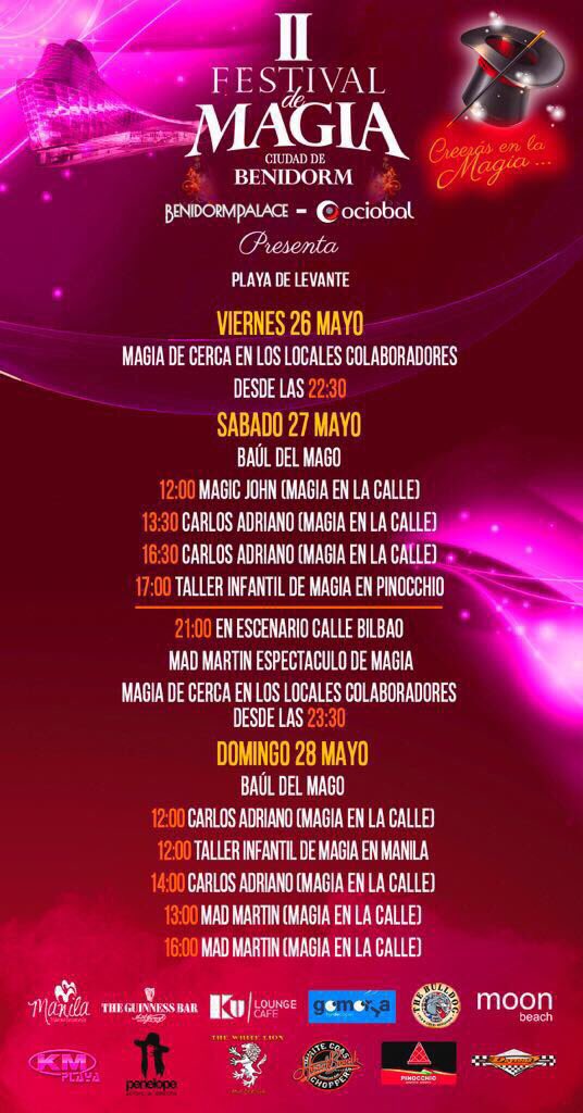 BenidormBeach's tweet photo. Los locales de la playa de levante en BENIDORM organizan este fin de semana un festival de magia en la calle !! ✨

#Benidorm #Beach #Party https://t.co/lKg3TYvl7L