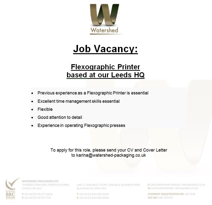 watershedpkgltd's tweet photo. Job Vacancy: #FlexographicPrinter To apply for this role, please send your CV & Cover Letter to Karina@watershed-packaging.co.uk https://t.co/FvgIQi2J2Z