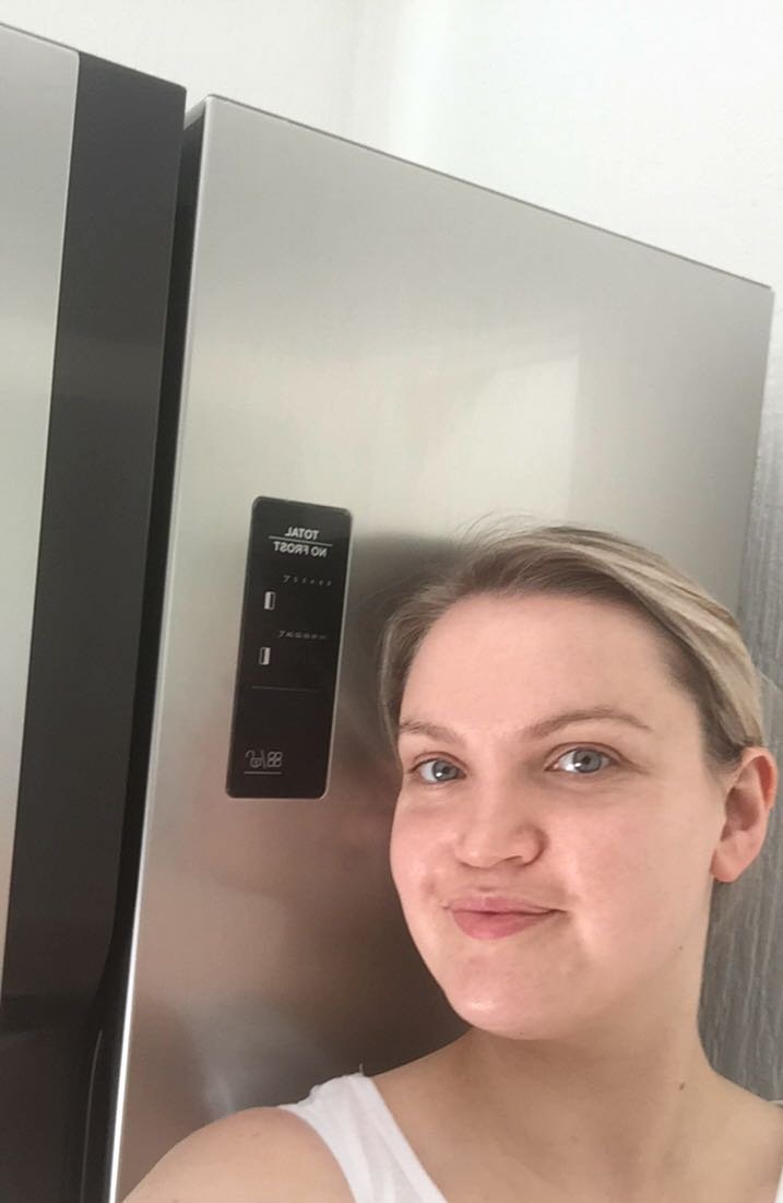 We got a new fridge and Lynsey is so delighted with it she sent me a picture of her and the fridge.
