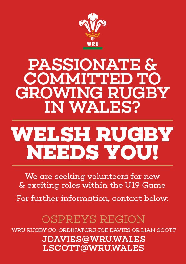 Great Opportunities available to help shape the U7-U19 Game across Wales! Get in touch for info! #ThisIsWelshRugby
