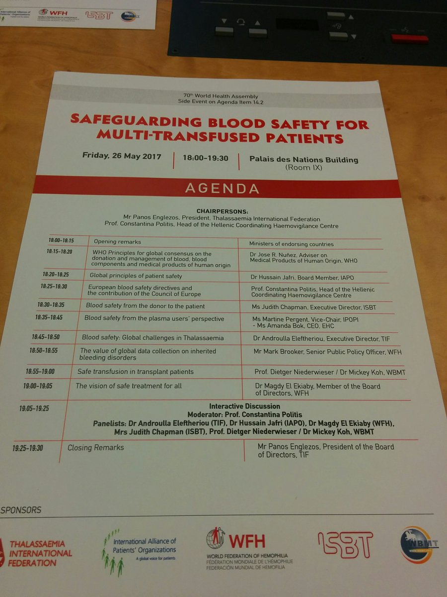 Gotcher's tweet image. The side meeting on blood safety  at #wha70 supported by @EHC_Haemophilia and @ipopi_info is about to start!