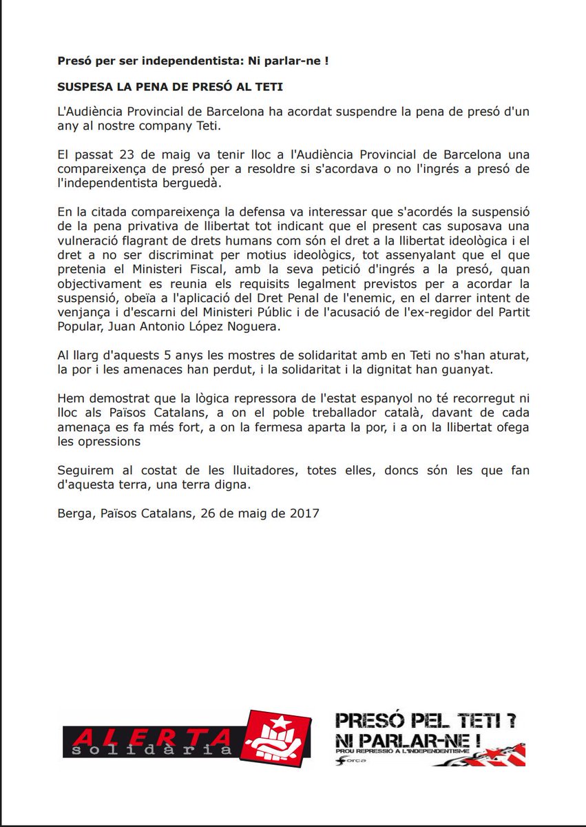 ☡ÚLTIMA HORA:SUSPÈS l'ingrés a presó de <a href="/TetiAbsolucio/">Teti Llibertat!</a> L'Audiència Provincial acorda la suspensió de la pena d'1 any de presó #TetiLlibertat