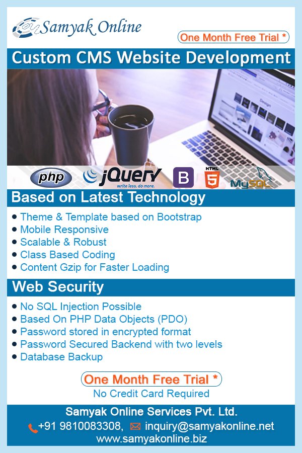 samyakcompany's tweet image. Custom #CMS #WebsiteDevelopment: Enjoy One Month Free Trial * (Based on Latest Technology). Visit @ goo.gl/eZxay8

#webdevelopment