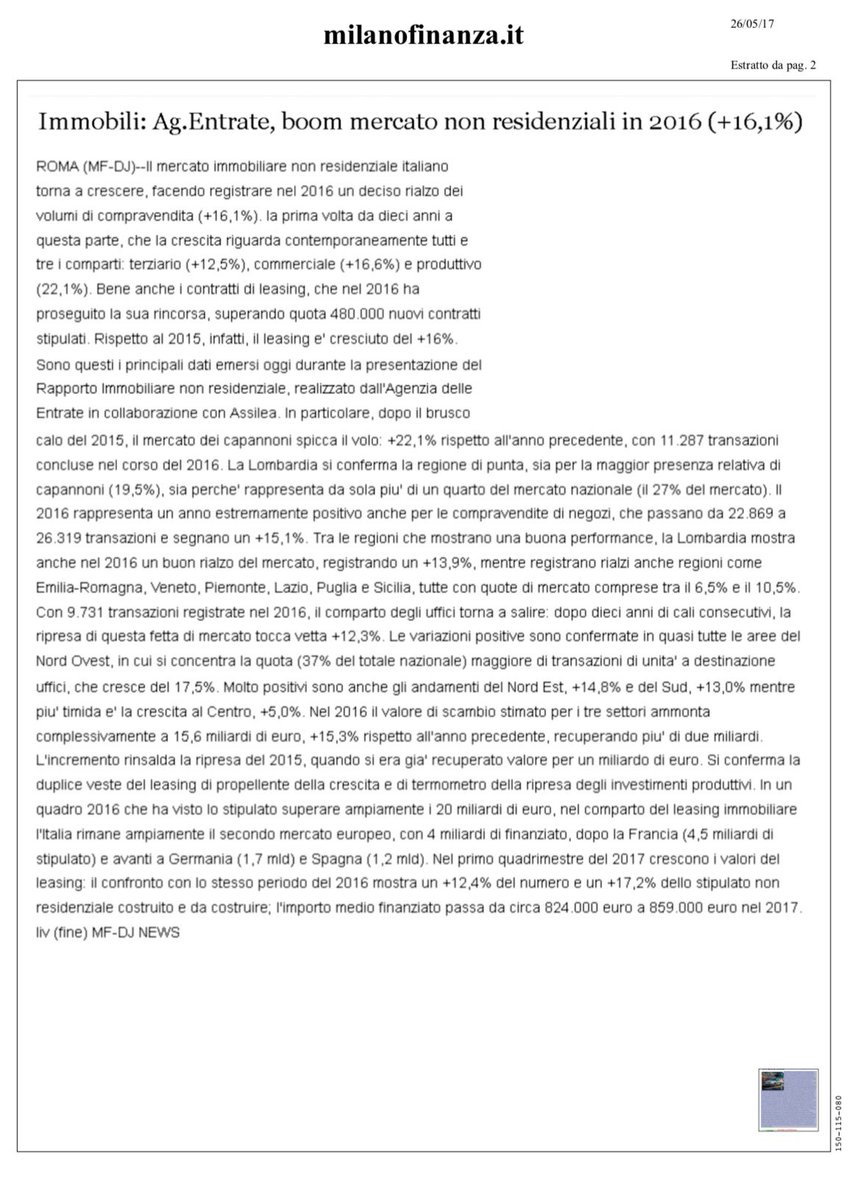Assilea_IT's tweet image. .@MilanoFinanza Il mercato immobiliare non residenziale italiano torna a crescere +16,1% #compravendite  #terziario #commerciale #produttivo