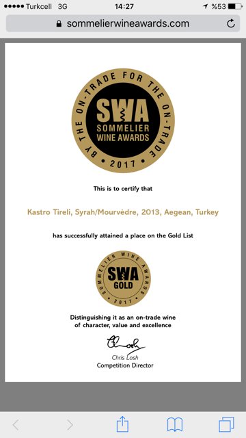 KastroTireli's tweet photo. #kastrotireli Syrah - Mourvedre gets #goldmedal from #sommelierwineawards #SWA17 #turkishwines wines from #akhisar https://t.co/JPUUJzmCWc