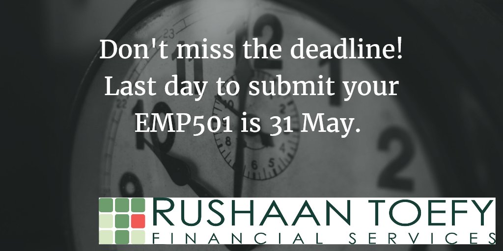 RushaanToefy's tweet photo. Time is running out to submit Annual Reconciliation Declarations (EMP501) for the period 1 Mar 2016 - 28 Feb 2017. Call us if you need help! https://t.co/ouxC6960n4