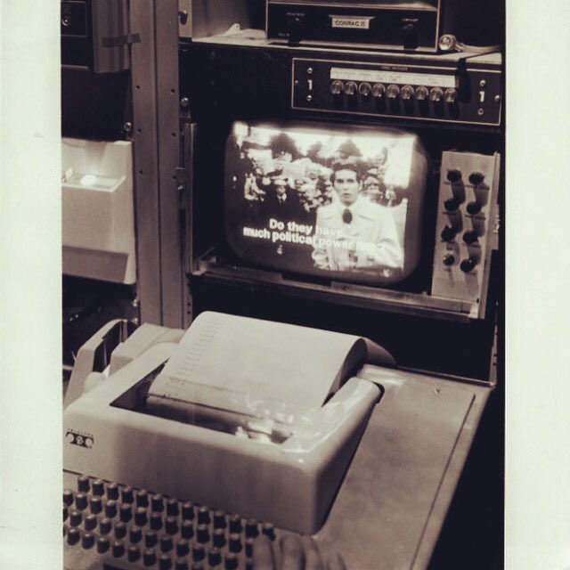 Black and white photo of a ‪Vidifont character generator‬, the machine WGBH used to create captions for the ABC News, the first captioned news program in the early 1970s.