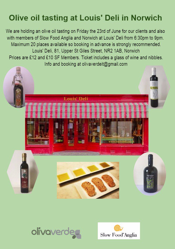 Join us for a delicious olive oil tasting on the 23rd of June in #Norwich 
info and booking at olivaverdeit@gmail.com
#olivaverde #eatwell