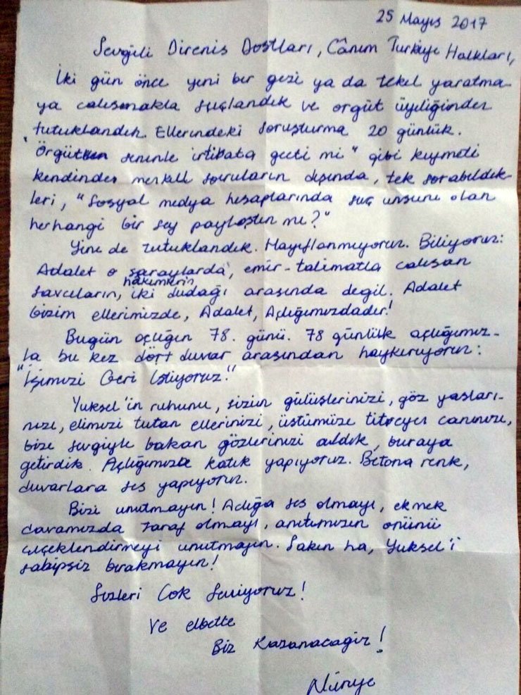isigmeclisi's tweet photo. 'İşimizi geri istiyoruz' diyerek açlık grevine başlayan ve tutuklanan akademisyen Nuriye Gülmen’in el yazısıyla kaleme aldığı mektubu... https://t.co/AOLhOPr9hd