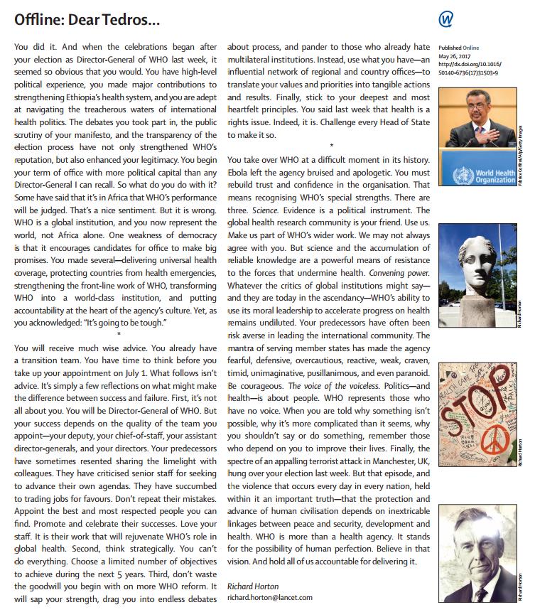 Dear <a href="/DrTedros/">Tedros Adhanom Ghebreyesus</a> - an open letter to the new #WHODG by <a href="/richardhorton1/">richard horton</a> thelancet.com/pb/assets/raw/…