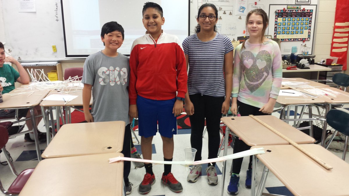 DDEMathAir's tweet photo. Testing straw bridges!  Will it stay across a 30 inch span? If so, how many pennies will it hold? #STEAM https://t.co/Ehba288nsk