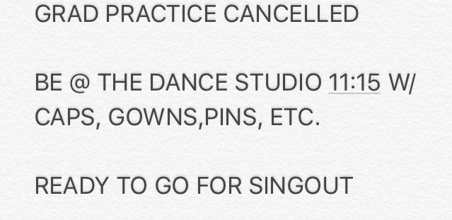 Amesbury2017's tweet photo. *ATTENTION* Seniors! Grad Practice this morning will be CANCELED. be ready report to the Dance Studio. Be there! 🎉🎓 https://t.co/OaRU9LhmEq