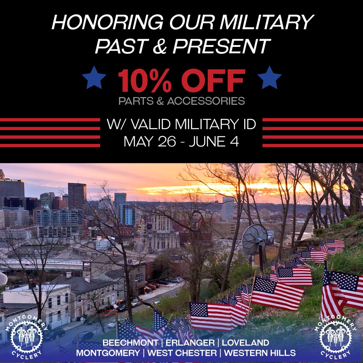 montgomerycycle's tweet photo. Thanks to all our military members, and military families, past &amp; present. We will be CLOSED Monday for Memorial Day. #MemorialDay https://t.co/thPZVrR5J1