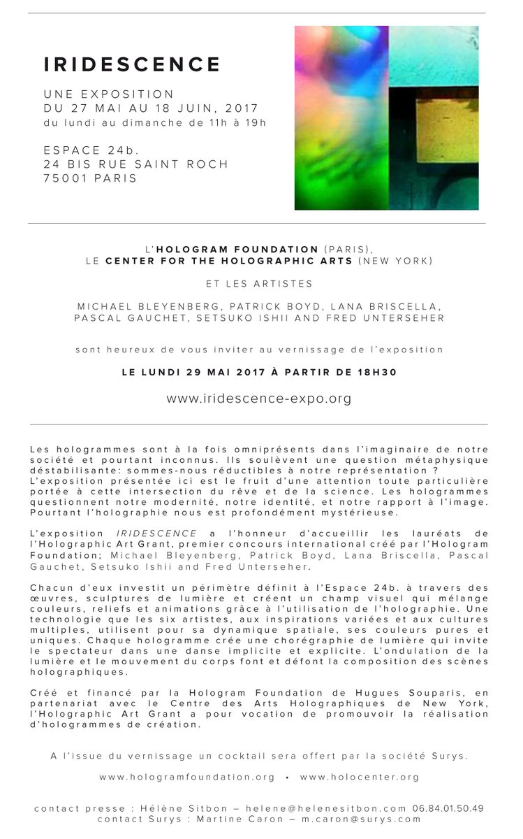 Vernissage lundi 29 mai à partir de 18h30. Aux limites de l'art et de la science à découvrir l'Art Holographique à l'Espace 24B.