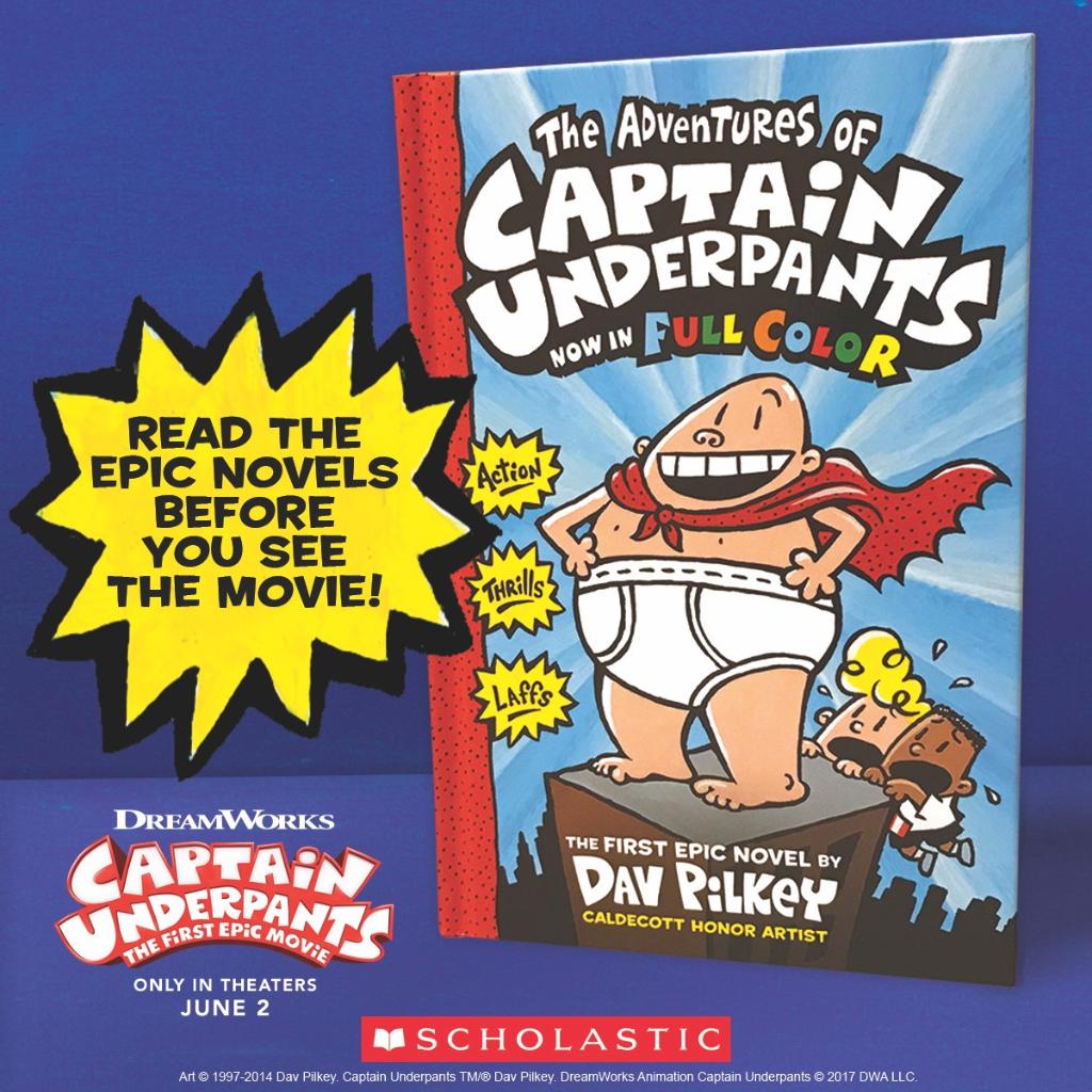 Scholastic's tweet photo. Only one more week until @underpantsmovie hits theaters! Read the epic novels by Dav Pilkey before you see it: https://t.co/gPOVXSJkNp https://t.co/G57Ga1m0Qj