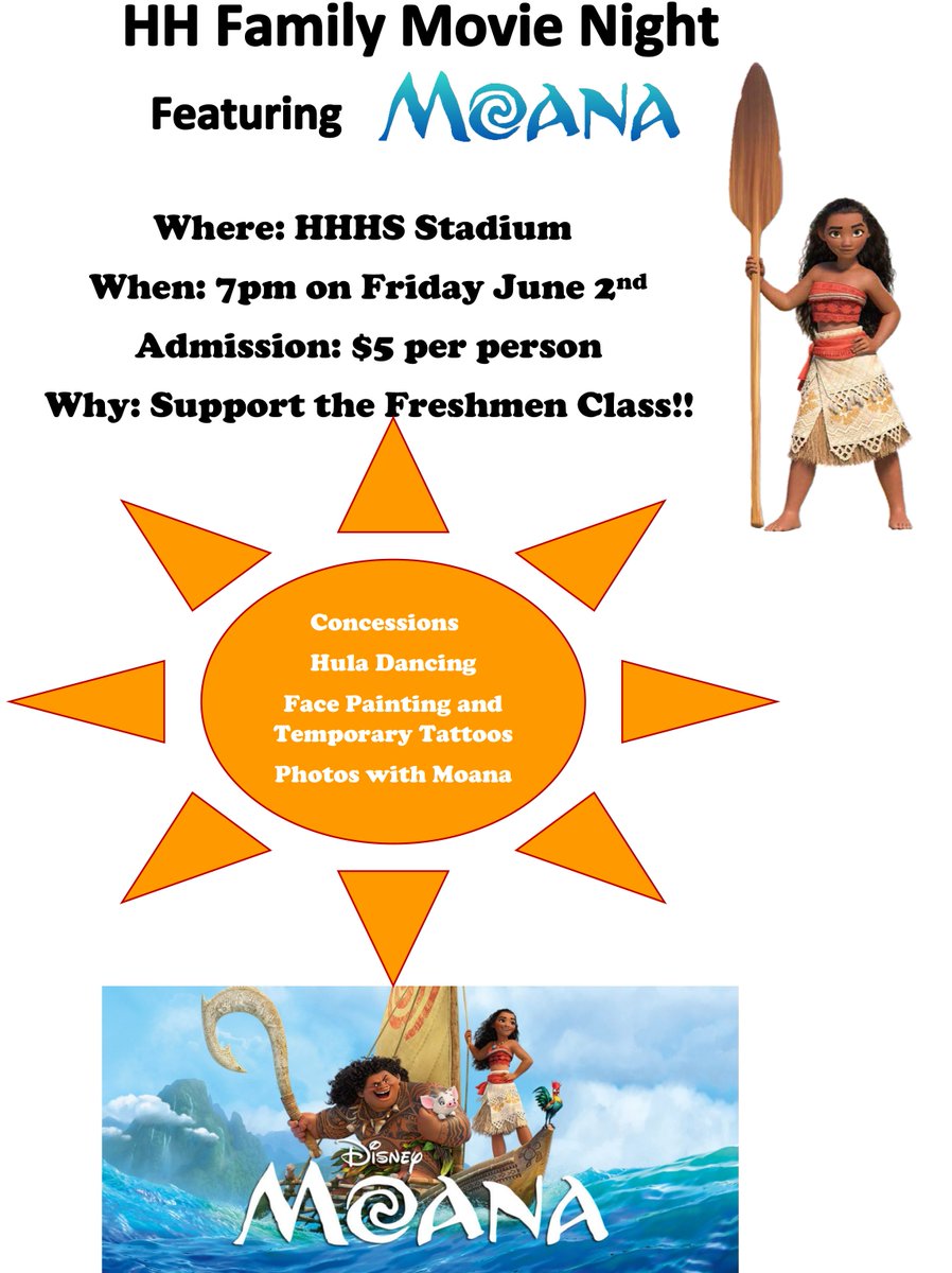 Family Movie Night is back at HHHS Stadium on Friday, June 2nd, featuring Moana!  Doors open at 7 pm, movie starts at 8.  Join us!🏝️🍍🌺