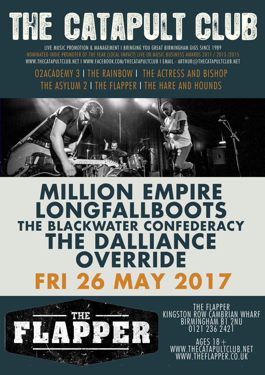 TheFlapperBrum's tweet image. F R I D A Y
Doors 7pm
7.15 @Overrideband
8 The Dalliance
8.45 @BConfedera
9.30 @LongFallBoots
10.15 @millionempire
Tickets on the door!
