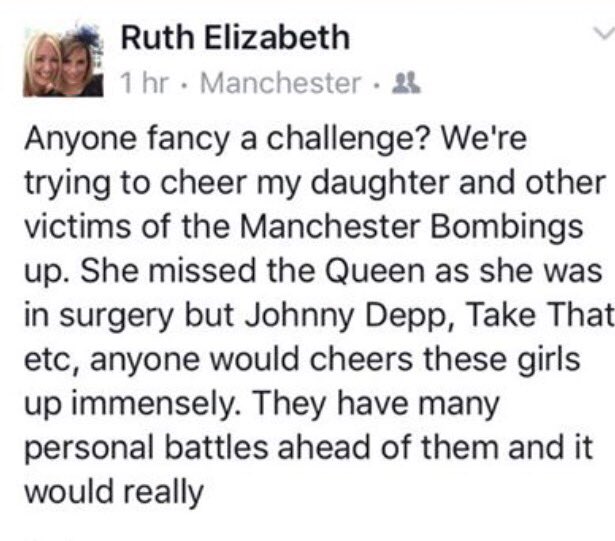 Let's help Ruth get celebs in to cheer up the victims of #manchesterattack . PLEASE RT Who's in? <a href="/takethat/">Take That</a>? <a href="/GaryBarlow/">Gary Barlow</a> #celebsformanchester