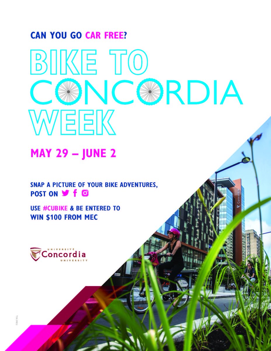 DofSConcordia's tweet photo. Next week is Bike Week at Concordia! Post a picture of your sustainable transportation with #CUBIKE and have a chance to win $100 from MEC. https://t.co/Fvo74DZqZi