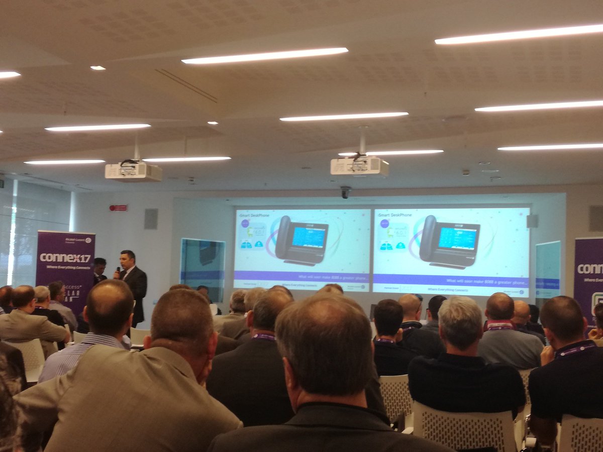 GiuliaRamera's tweet photo. @SteLigu illustra le applicazioni e le compatibilità degli Smart DeskPhone @ALUE_Italia #ALEPartnerDay #Connex17 https://t.co/f76njKw5Gf