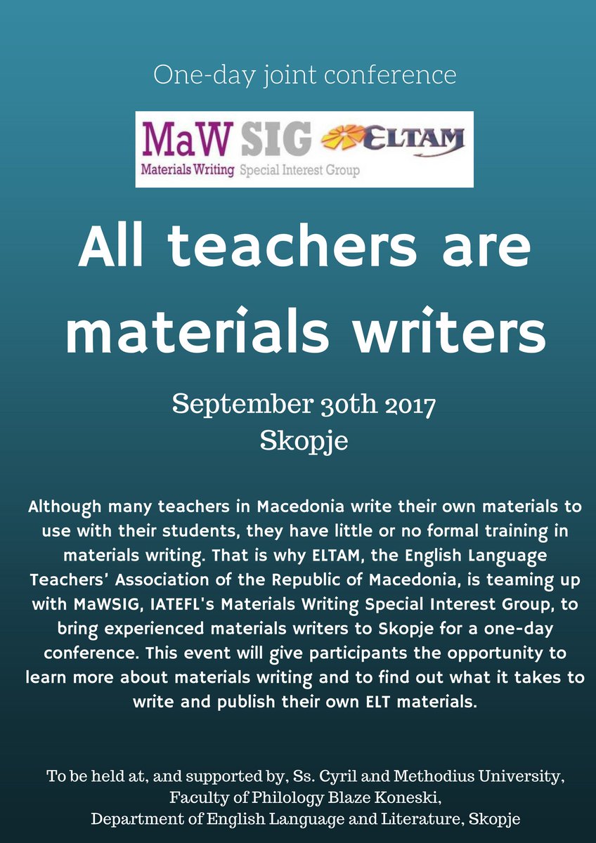MaWSIG's tweet image. Exciting news about our next f-2-f event, which will be a one-day joint conference in #Macedonia with ELTAM. goo.gl/8eaE9Q #IATEFL