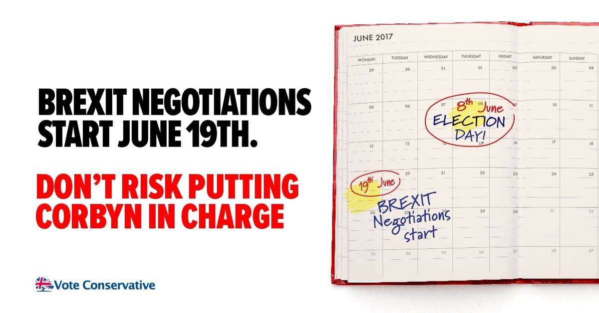 Conservatives's tweet photo. The EU want Brexit negotiations to start 11 days after #GE2017. Your vote decides who negotiates for Britain: Theresa May or Jeremy Corbyn. https://t.co/VjAqLu2U28