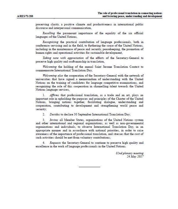 eSpLanguage's tweet image. UN Resolution 71/288: The role of professional translation in connecting nations and fostering peace, understanding &amp;amp; development #xl8 #1nt