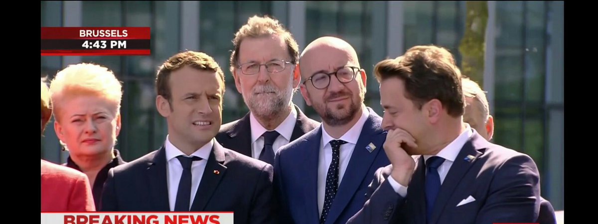 ShameOnAmerica2's tweet photo. NATO Leaders: Huddle up, who's gonna tell emperor drumpf that he's not wearing any clothes?

#trumpinbrussels #FridayFeeling #NATOmeeting https://t.co/O2YuIJQpYM