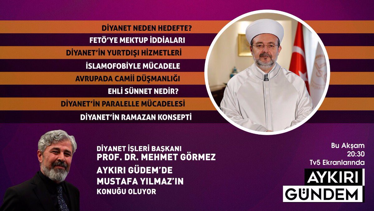 📌#Diyanet neden hedef?
📌FETÖ'ye mektup iddiaları
📌Diyanet'in #Ramazan konsepti 

Hepsi ve daha fazlası bu akşam 20:30'da #AykırıGündem'de..