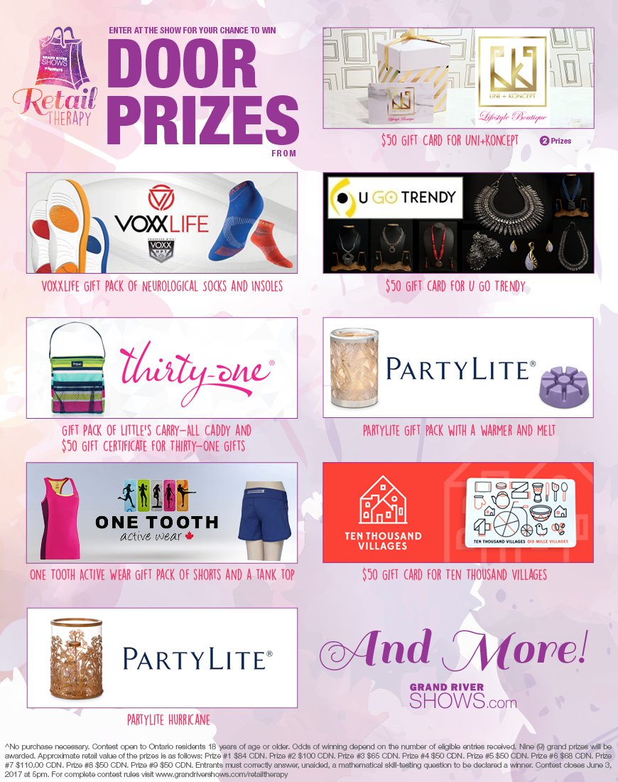 So many prizes to be won! Make sure to stop by RIM Park, June 3rd for Retail Therapy!! grandrivershows.com