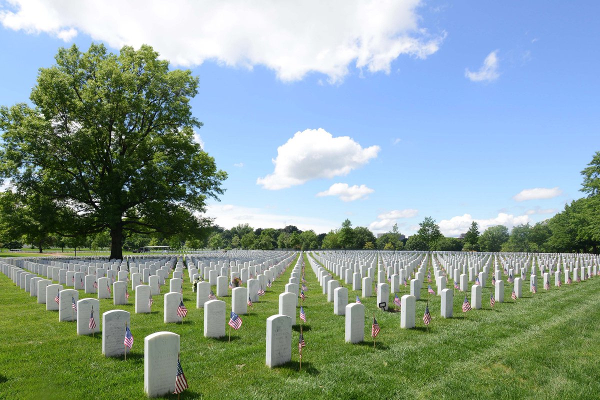 DeptofWar's tweet photo. The @USArmyOldGuard honors fallen heroes by placing flags @ArlingtonNatl gravesites before #MemorialDay: https://t.co/aaW35G3I4O #FlagsIn https://t.co/EZYtP9mATr