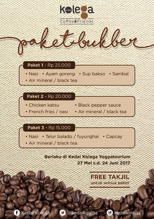 Selama bulan puasa <a href="/kedaikolega/">kedai KOLEGA</a> <a href="/yogyatourium/">Yogyatourium</a> punya paket bukber. Promo berlaku mulai  27 Mei - 24 Juni 2017 di #KedaiKolega #DAGADU