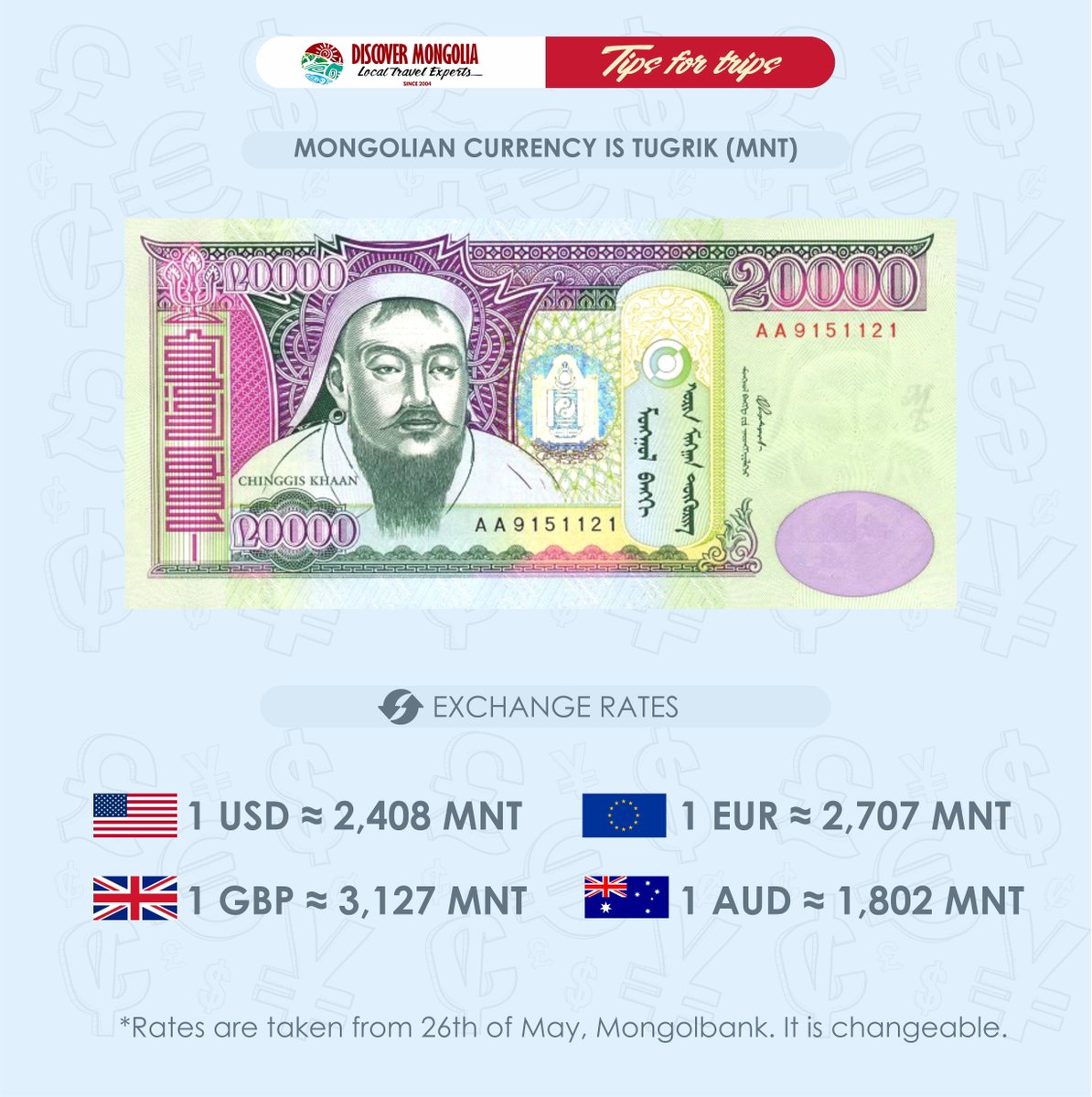 Mongolian currency is Tugrik (MNT). Here you can see some exchange rates  approximately to help calculating your travel in Mongolia.