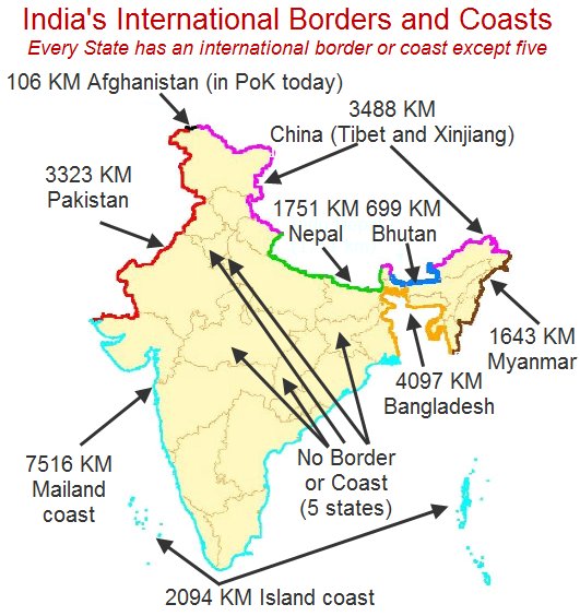 Kiran Kumar S on Twitter: "Using Govt of India info, I have marked in this map, all the lengths of India's international borders and coast lines. Use it where needed.… https://t.co/gUE43fhOXY"