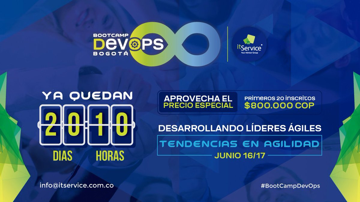IT_Service_Co's tweet photo. Prográmate #Bogotá Ya quedan solo 20 días para el #BootCampDevOps y sus tendencias en Agilidad | junio 16/17 - 2017.
https://t.co/iz7Pgkd1DK https://t.co/NNaWtFQkaD