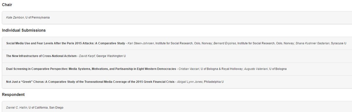 #ica_pol panel #21 on SAT w/ <a href="/ksteenjo/">Kari Steen-Johnsen</a> <a href="/samfunnsforsker/">Bernard Enjolras</a> @25lettori <a href="/barbapreta/">augusto valeriani</a> <a href="/danielchallin/">Daniel C. Hallin</a> tinyurl.com/z4tjldf #ICA17