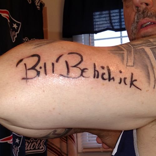 Patriots's tweet photo. Step 1: Bill Belichick autograph ☑

Step 2: Bill Belichick tattoo ☑

#FanFriday https://t.co/j2DXDdQQYp