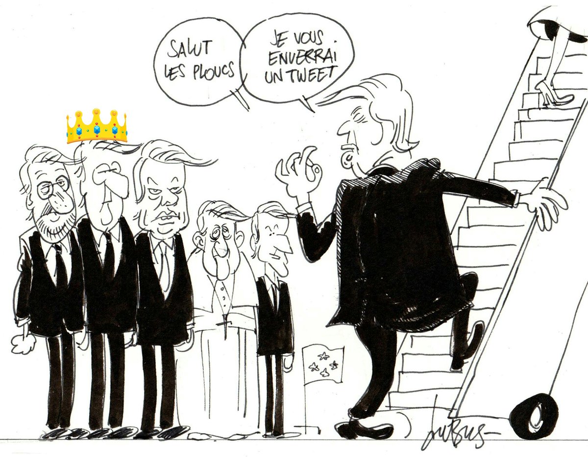 Mateusz's tweet photo. FT @RealDonaldTrump : "Salut les ploucs. Je vous enverrai un tweet." Un dessin de #duBus. #TrumpinBrussels #Trump https://t.co/oVCphSqyuo