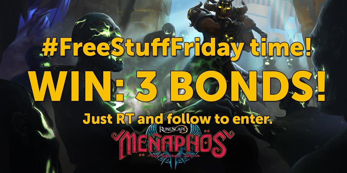 RuneScape's tweet image. It's #FreeStuffFriday time! 👍

3 Bonds could be coming your way if you enter. Details below.

Winners announced Monday. Good luck!