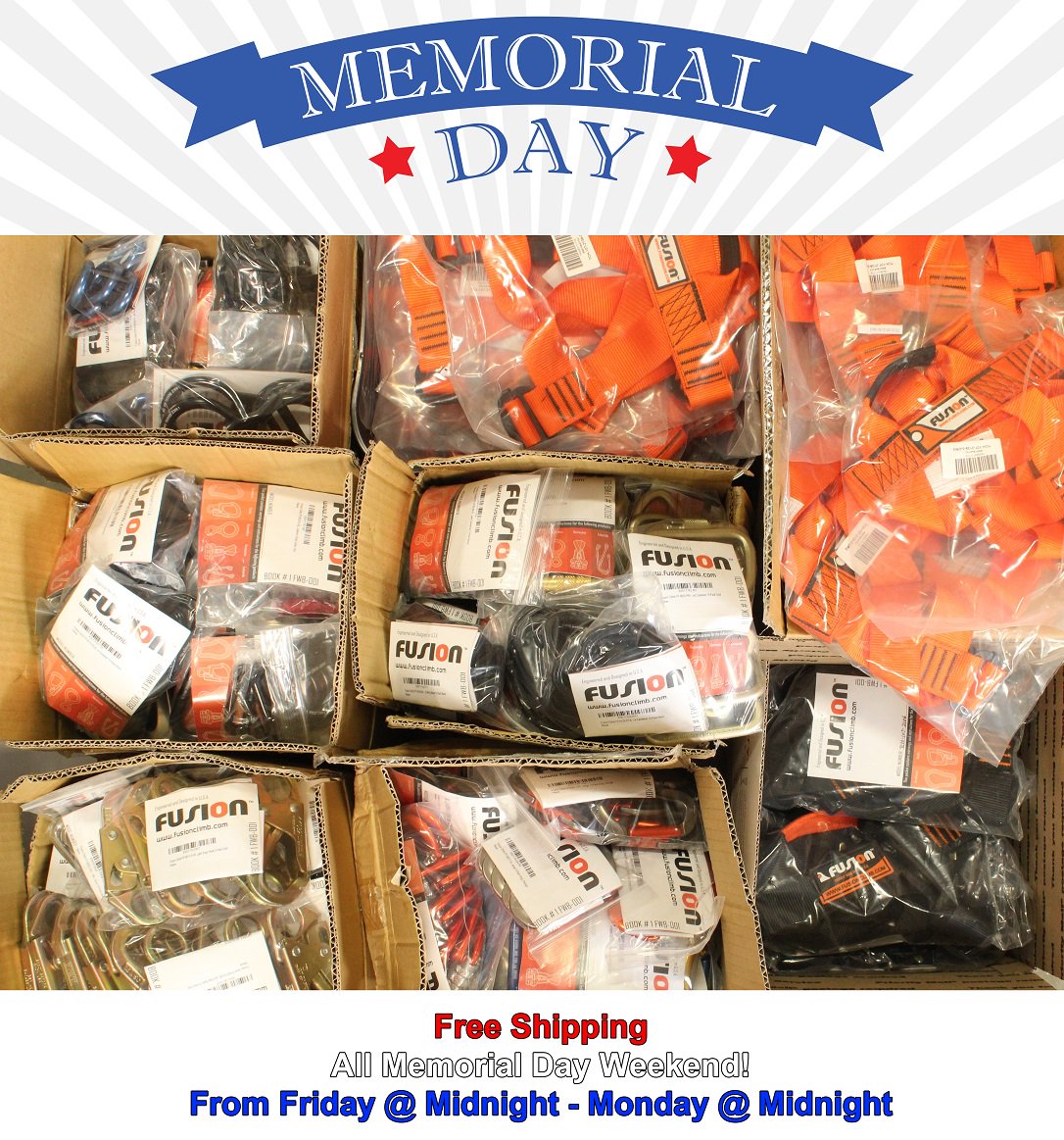 FusionClimb's tweet photo. Time to stock up for Summer! Free shipping thru Monday@Midnight! 
https://t.co/NWXeJQ0CDn  #MemorialDayWeekend #climbing #zipline #outdoors https://t.co/AbdN8GZf1k