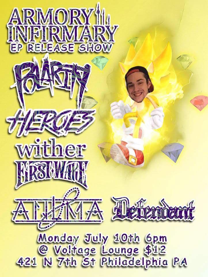 We're extremely honored to announce we'll be playing as support for our boys in <a href="/ArmoryInfirmary/">Armory Infirmary</a> at our Voltage Lounge debut on July 10th