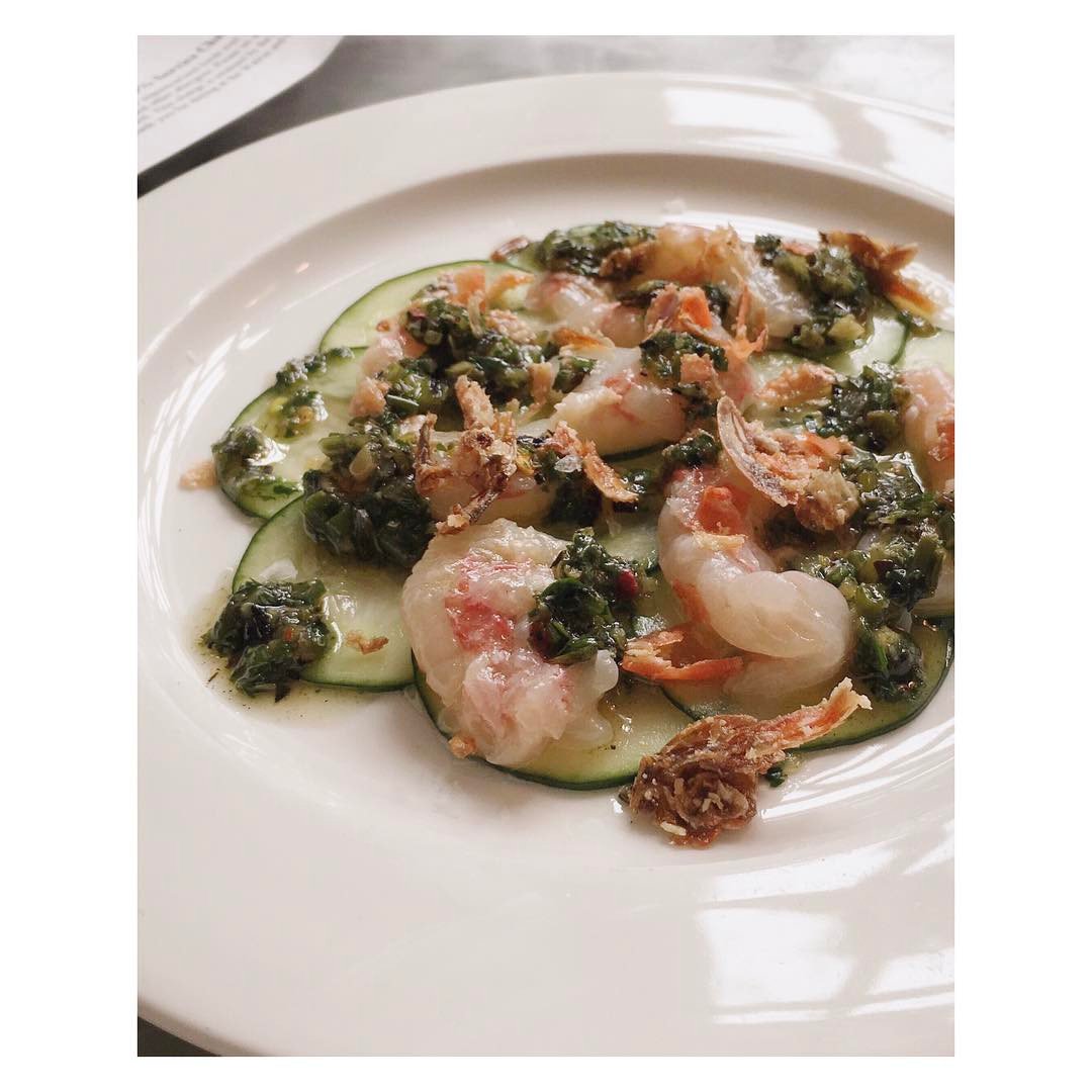 Crispy shells right on top. Prawn #crudo, charred scallion salsa verde, cucumber, and see you soon! instagram.com/p/BUkuJ_NleZX/