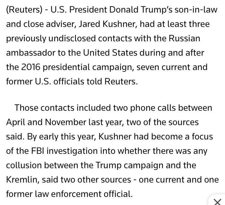BREAKING: Kushner had additional undisclosed contacts with the Russians. (This is new news)  reuters.com/article/us-usa…