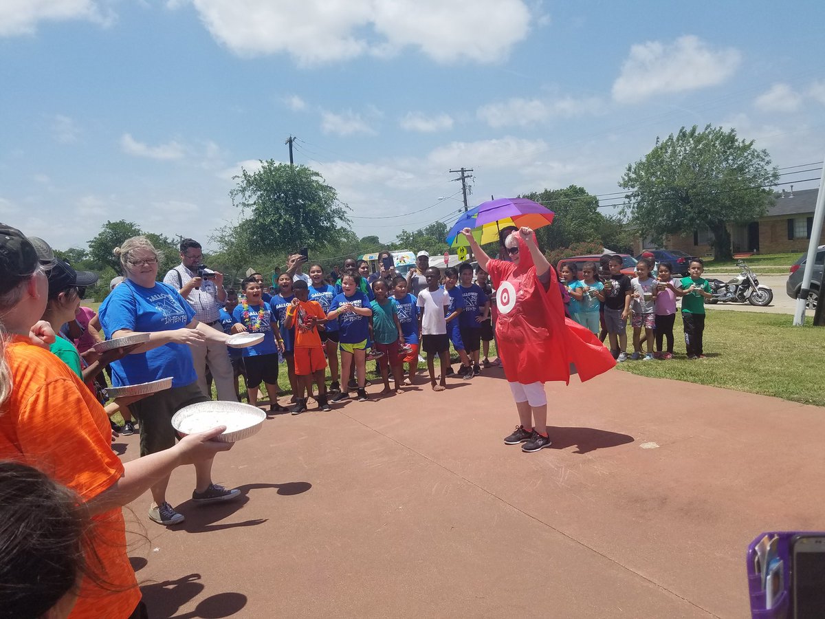 Gallowayelem's tweet photo. 3rd raised the most money, so they got to throw a pie at Mrs. Mingle! StuCo appreciates the over $200 raised by our staff and students. https://t.co/EYGWr9qx7T