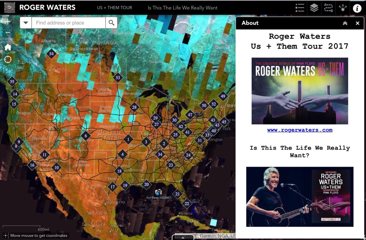 nettiequette's tweet photo. #RogerWaters #UsandThem Tour Map https://t.co/bjmlk8gHKX via #EsriApps #MultispectralLandsat Imagery #FridayFeeling #GeekinOut @SprintCenter https://t.co/Z5WgDekknt