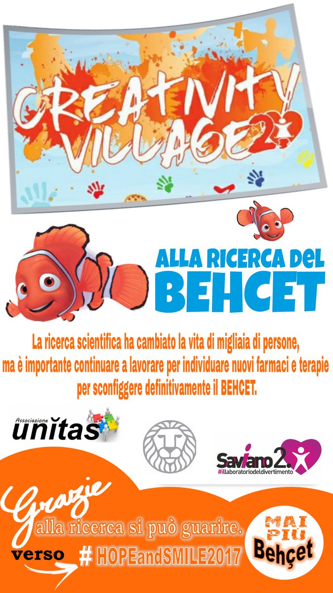 AssUNITAS's tweet image. #creativityvillage2 

MAI PIÙ #BEHCET 
Sosteniamo la ricerca 

4 GIUGNO-INTERA GIORNATA
Piazzale ENRICO DE NICOLA 
SAVIANO  (NA)
@simbaonlus