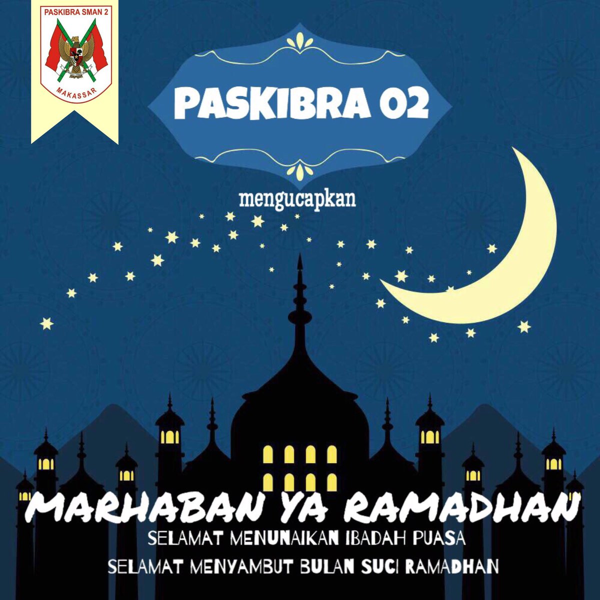Assalamualaikum wr.wb
Kami Keluarga Paskibra SMAN 2 Makassar mengucapkan selamat menjalankan ibadah puasa 1438H.Mohon maaf lahir &amp; bathin 🙏