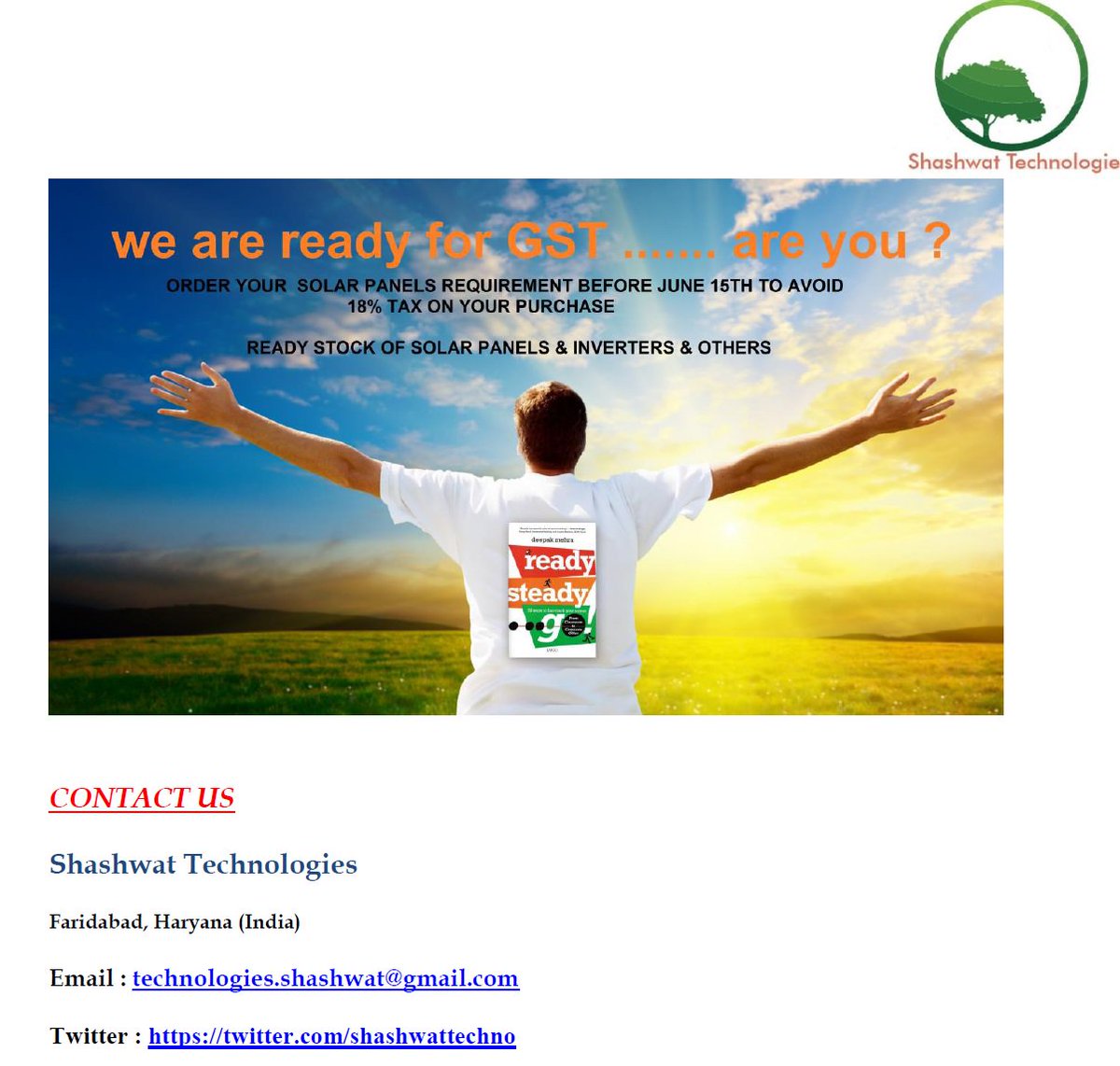 shashwattechno's tweet photo. #hurryup Book orders for #Solar panels, #inverters and #mounting Structures #now #GST #gstimpact #purchase #stock https://t.co/fQbQl6Oz0i